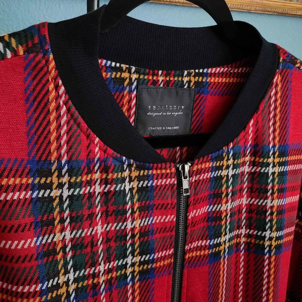 SANCTUARY ~ Red Plaid CITY Longline Bomber Jacket ~ XL (JR) | L (W) - Picture 11 of 12